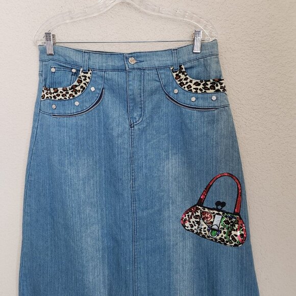 Vintage Y2K Denim Maxi Skirt Appliqué Patchwork Purse Leopard Long‎ Sz 30 - Picture 7 of 15